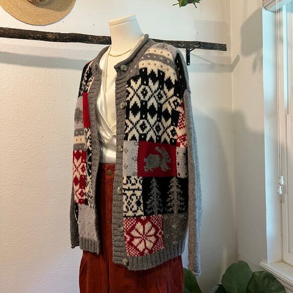 Vintage 1992 Eddie Bauer 100% Wool Knit Rabbit Cardigan Sweater Size Large - Picture 1 of 12